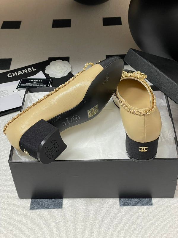 CC 25S 60mm Chain Bow Single Pumps Beige Sheepskin Black Grosgrain 247662