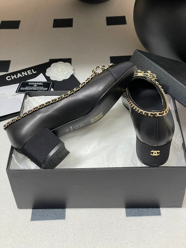 CC 25S 60mm Chain Bow Single Pumps Black Sheepskin Grosgrain 247664