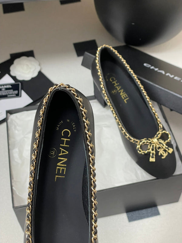 CC 25S 60mm Chain Bow Single Pumps Black Sheepskin Grosgrain 247664