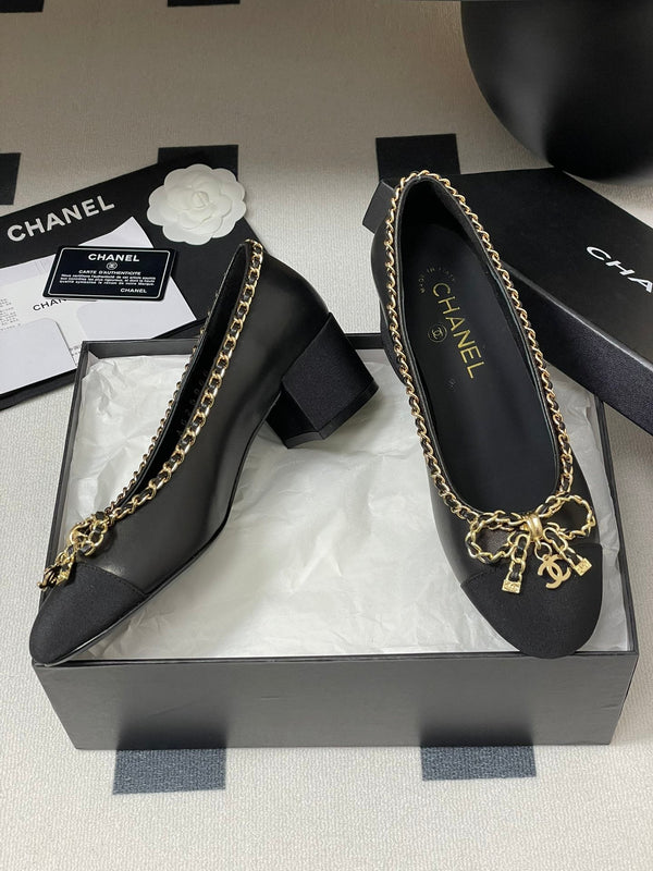 CC 25S 60mm Chain Bow Single Pumps Black Sheepskin Grosgrain 247664