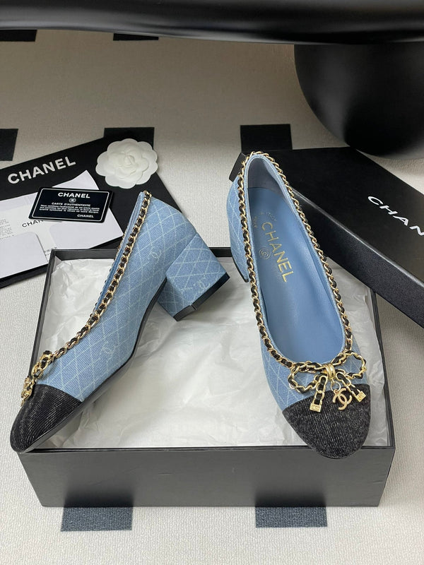 CC 25S 60mm Chain Bow Single Pumps Blu Denim Nero Grosgrain 247665