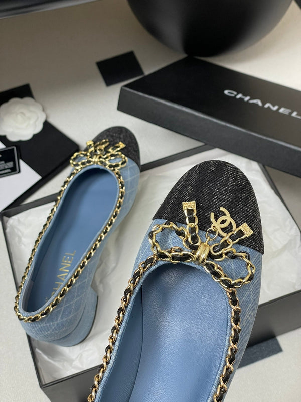 CC 25S 60mm Chain Bow Single Pumps Blu Denim Nero Grosgrain 247665