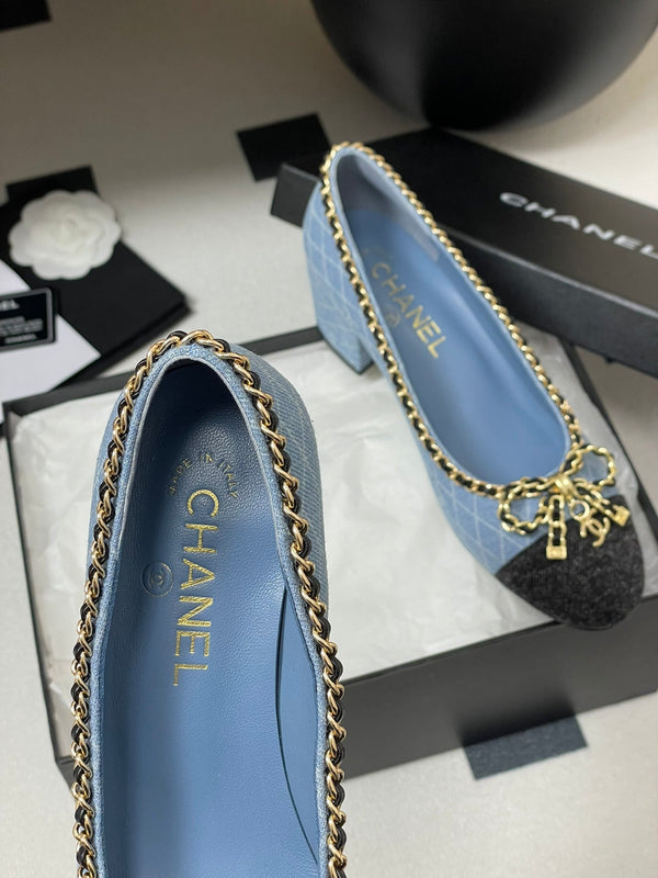 CC 25S 60mm Chain Bow Single Pumps Blu Denim Nero Grosgrain 247665
