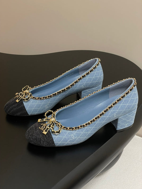 CC 25S 60mm Chain Bow Single Pumps Blu Denim Nero Grosgrain 247665