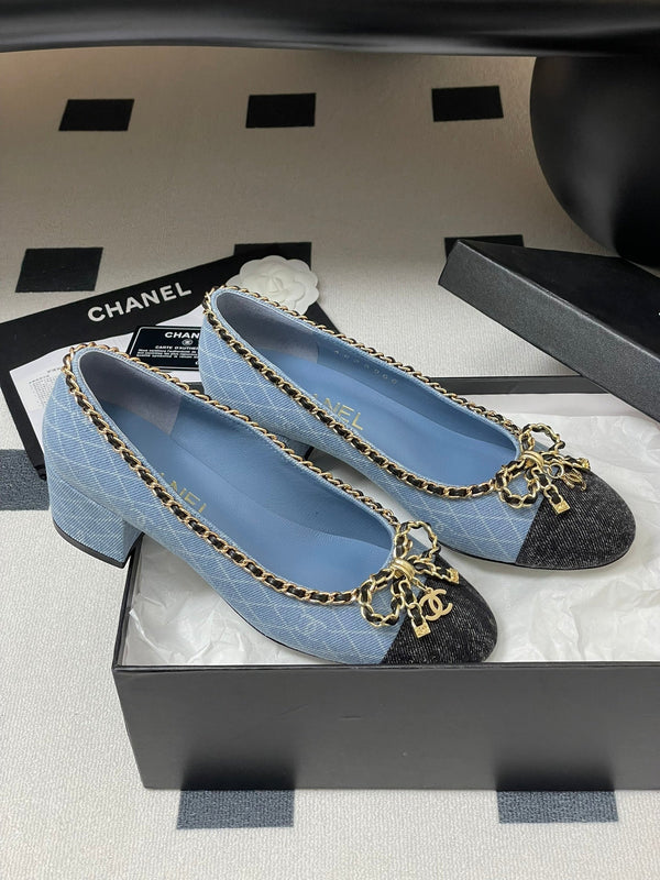 CC 25S 60mm Chain Bow Single Pumps Blu Denim Nero Grosgrain 247665