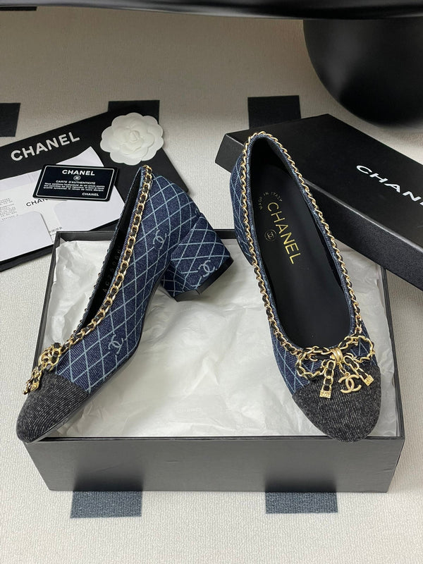 CC 25S 60mm Chain Bow Single Pumps Blu scuro Denim Nero Grosgrain 247666
