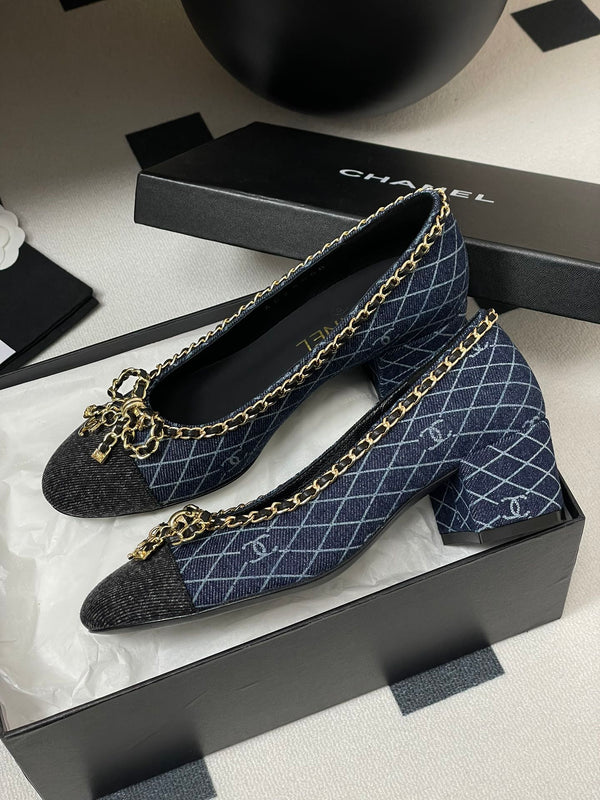 CC 25S 60mm Chain Bow Single Pumps Blu scuro Denim Nero Grosgrain 247666