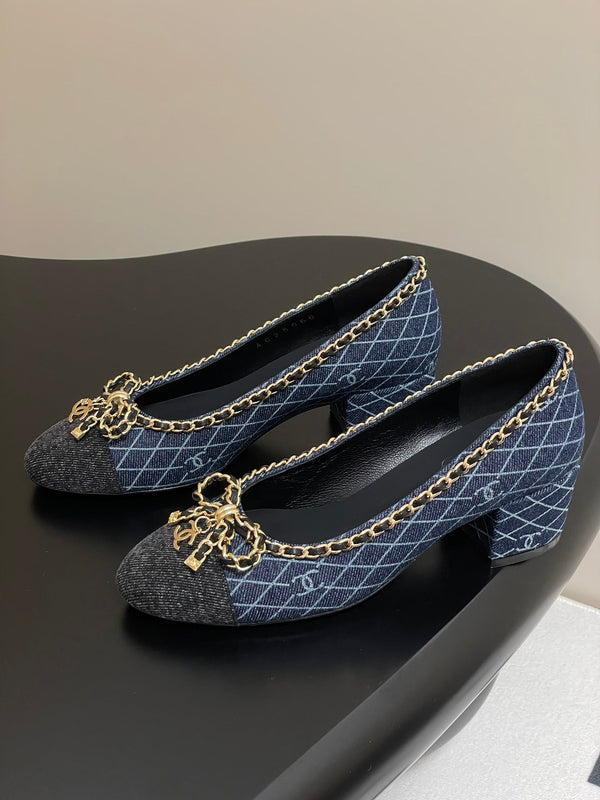 CC 25S 60mm Chain Bow Single Pumps Blu scuro Denim Nero Grosgrain 247666