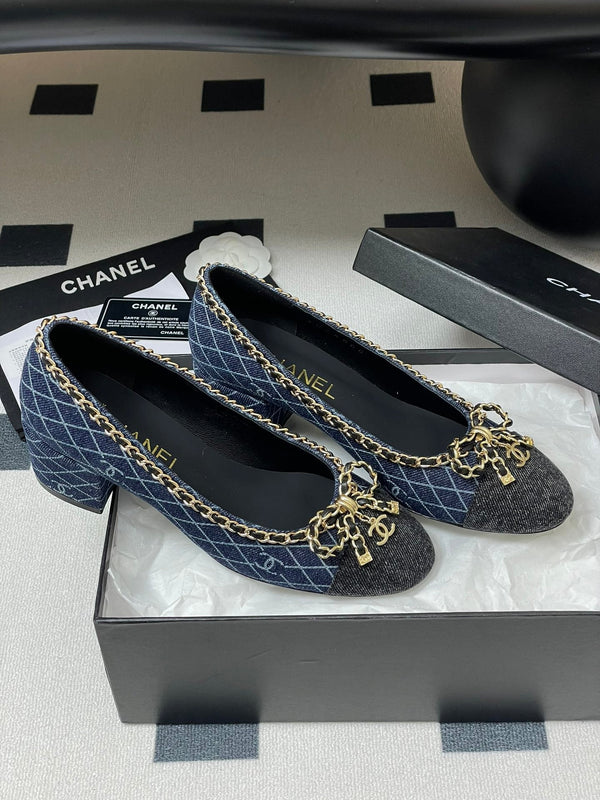 CC 25S 60mm Chain Bow Single Pumps Blu scuro Denim Nero Grosgrain 247666