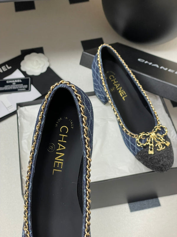 CC 25S 60mm Chain Bow Single Pumps Blu scuro Denim Nero Grosgrain 247666