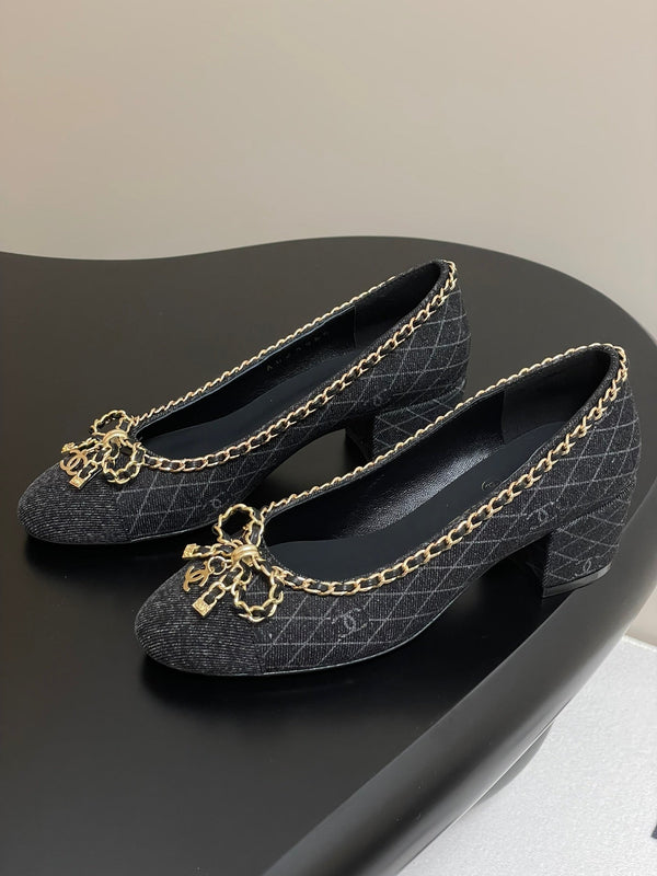 CC 25S 60mm Chain Bow Single Pumps Black Denim Black Grosgrain 247667