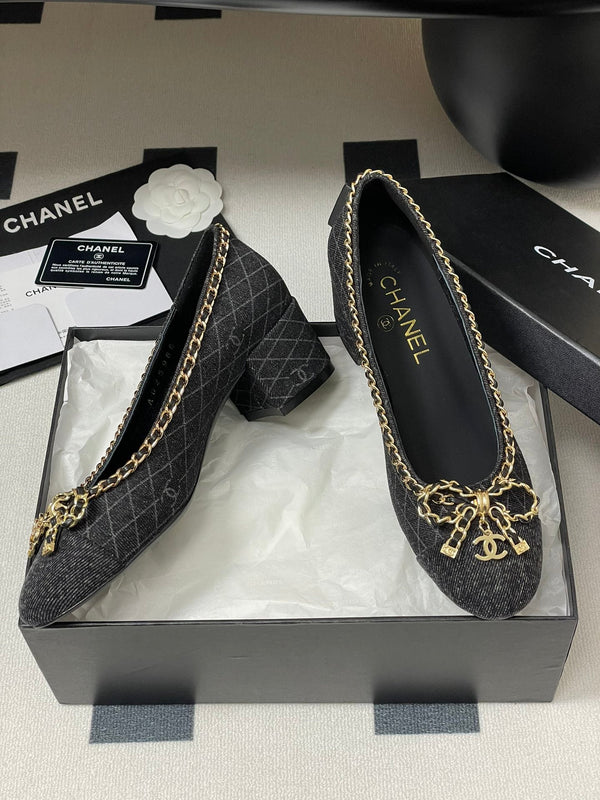 CC 25S 60mm Chain Bow Single Pumps Black Denim Black Grosgrain 247667