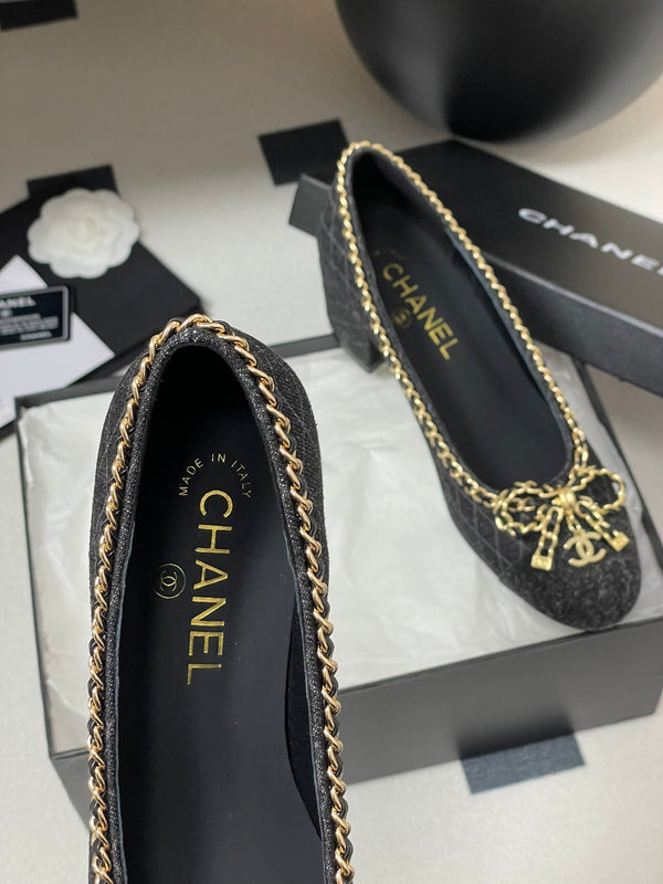 CC 25S 60mm Chain Bow Single Pumps Black Denim Black Grosgrain 247667