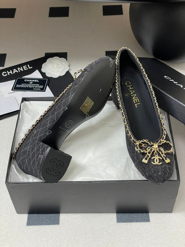 CC 25S 60mm Chain Bow Single Pumps Black Denim Black Grosgrain 247667