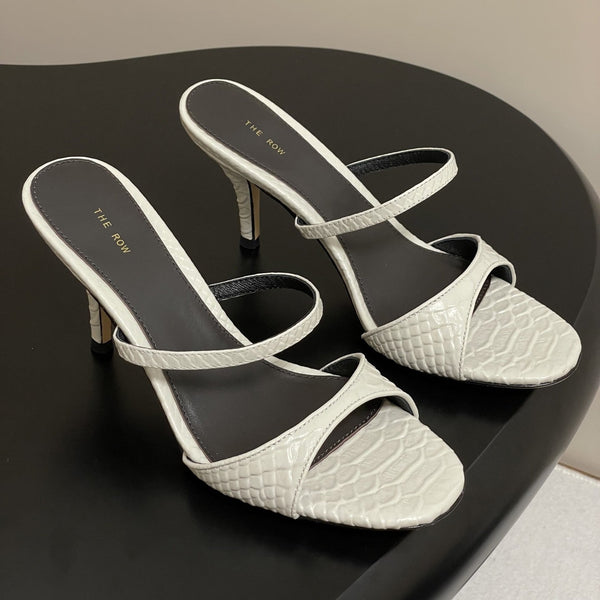 The Row 25S Strap High Heel Mule Sandals 85mm White Snake Pattern Cowhide 286204