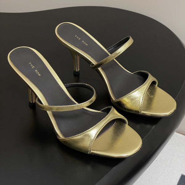 The Row 25S Strap High Heel Mule Sandals 85mm Black Mix Gold Metallic Cowhide 286210