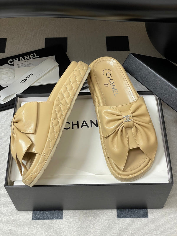 CC 25SS Big Bow Thick-soled Mule Sandals Beige Lambskin 319706