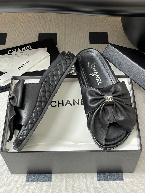 CC 25SS Big Bow Thick-soled Mule Sandals Black Lambskin 319708