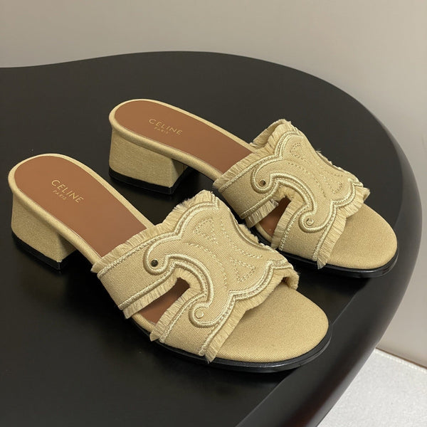 CL Marina Fringed Mule 40mm In Caramel Denim 319737
