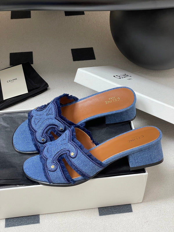 CL Marina Fringed Mule 40mm In Blue Denim 319738