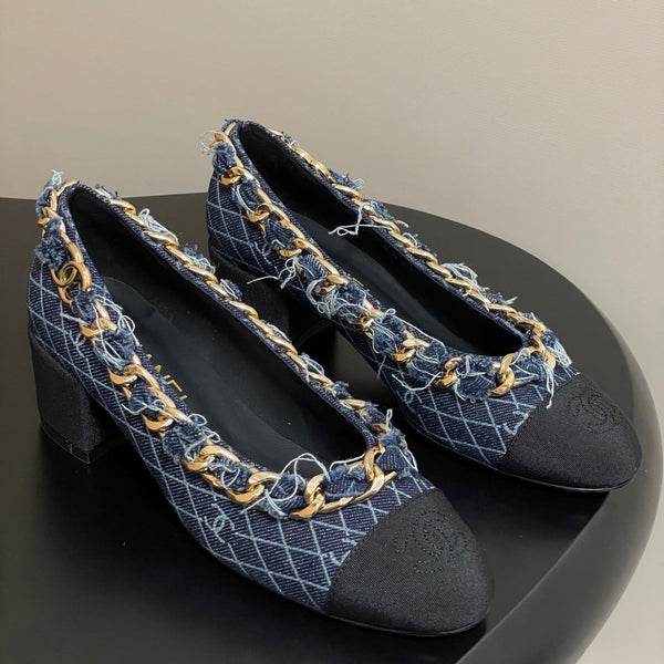 Chanel 25A 55mm Pump Grande Catena Doppia C Blu Scuro Denim Pelle di Montone 393811