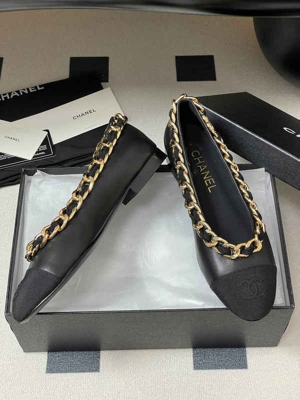 Chanel 25A Ballet Flats Big Chain Double C Black Sheepskin 393820