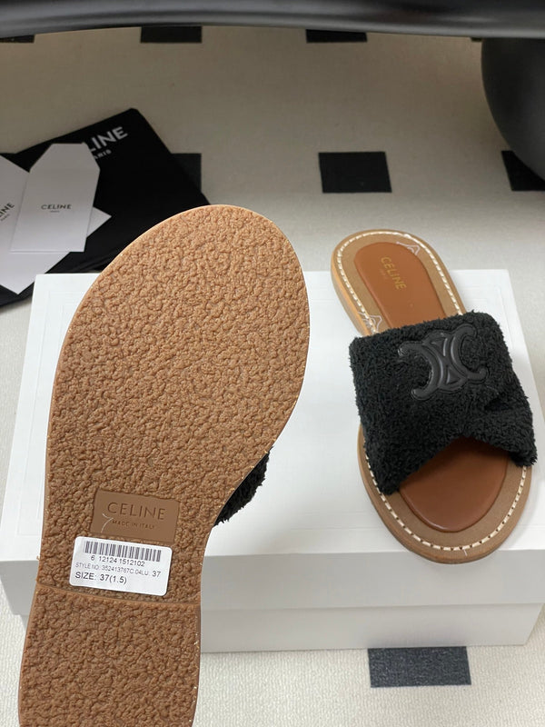 CL 25s Lympia Twisted Sandal Black Brown Sheepskin Plush Cloth 416658