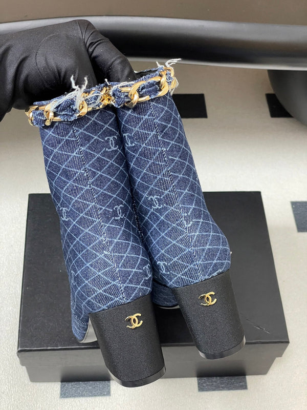 CC 25B Chain Short Boot 70mm Black Blue Denim 423145