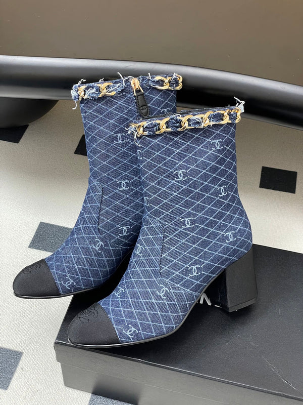 CC 25B Chain Short Boot 70mm Black Blue Denim 423145