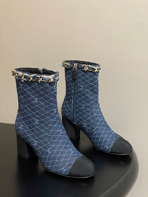 CC 25B Chain Short Boot 70mm Black Blue Denim 423145