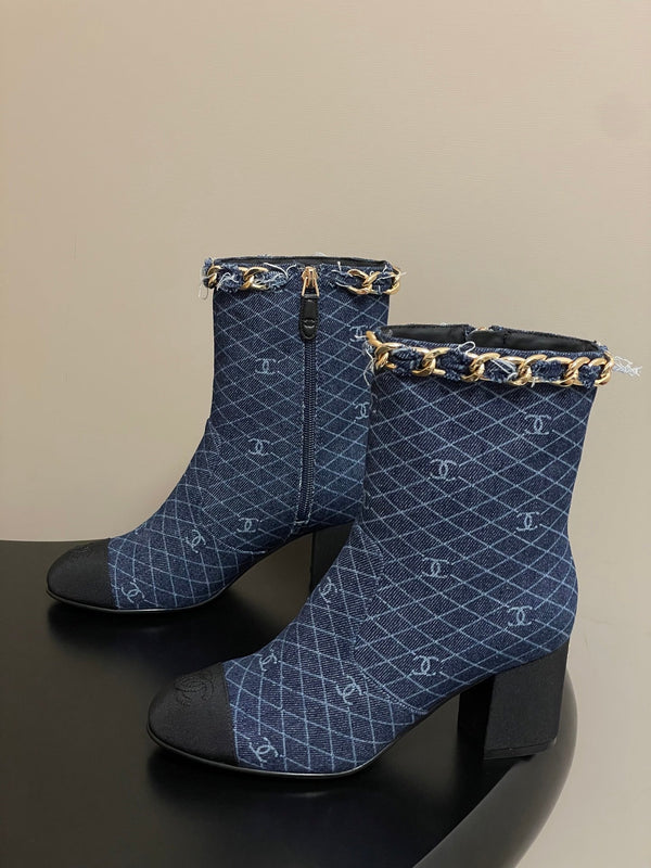 CC 25B Chain Short Boot 70mm Black Blue Denim 423145