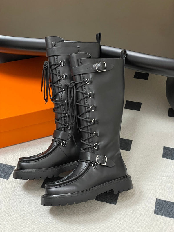 HM Lace Up Boots 25mm Belt Buckle Black Leather