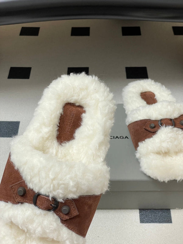 Balenciaga Classic Buckle Slippers White Red Brown Wool 535028