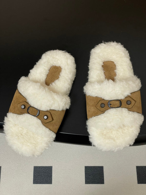 Balenciaga Classic Buckle Slippers White Brown Wool 535029