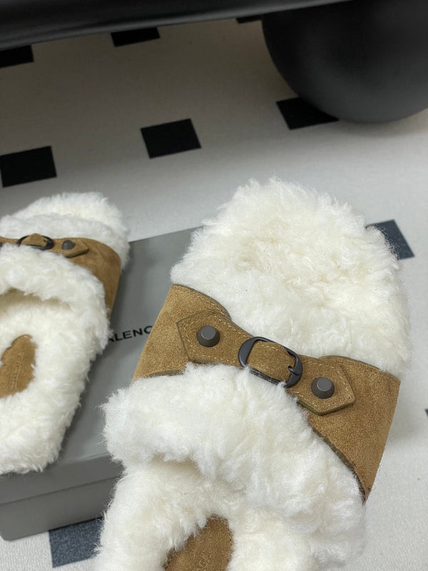 Balenciaga Classic Buckle Slippers White Brown Wool 535029