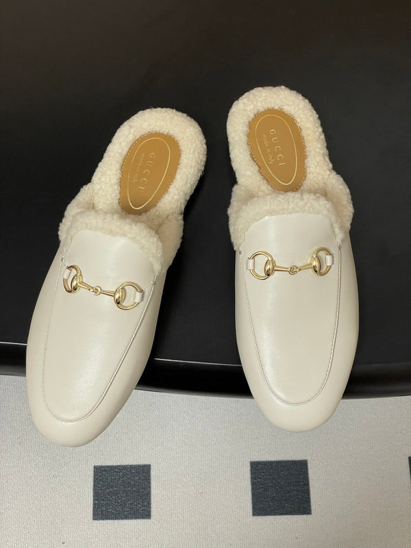 GG horsebit flat mules white cowhide 534712