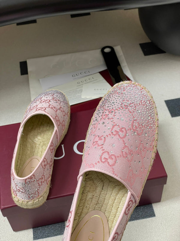 GG 26ss Mocassins à enfiler Strass Rose clair Toile Double G 593498
