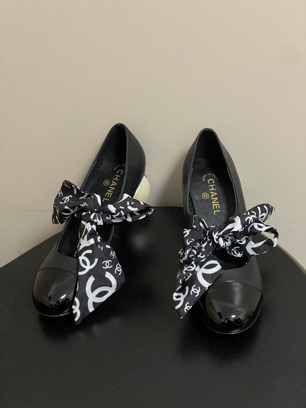 CC 26 Double C Pearl Heel Pump With Silk Ribbon Black Sheepskin 593158