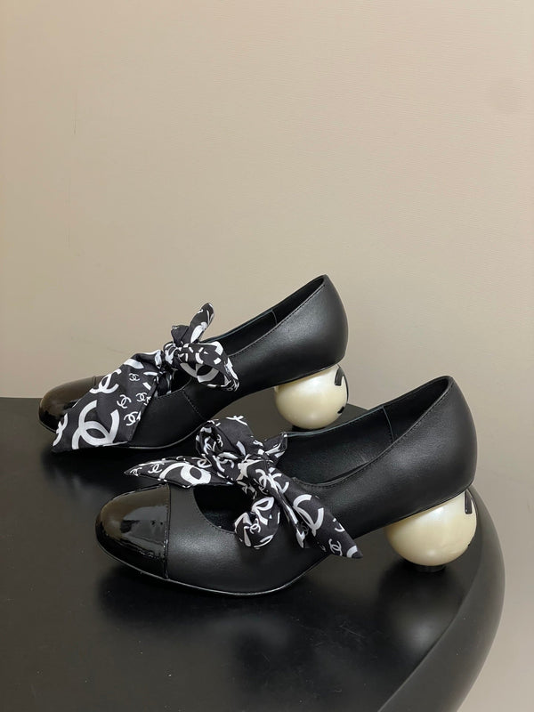 CC 26 Double C Pearl Heel Pump With Silk Ribbon Black Sheepskin 593158