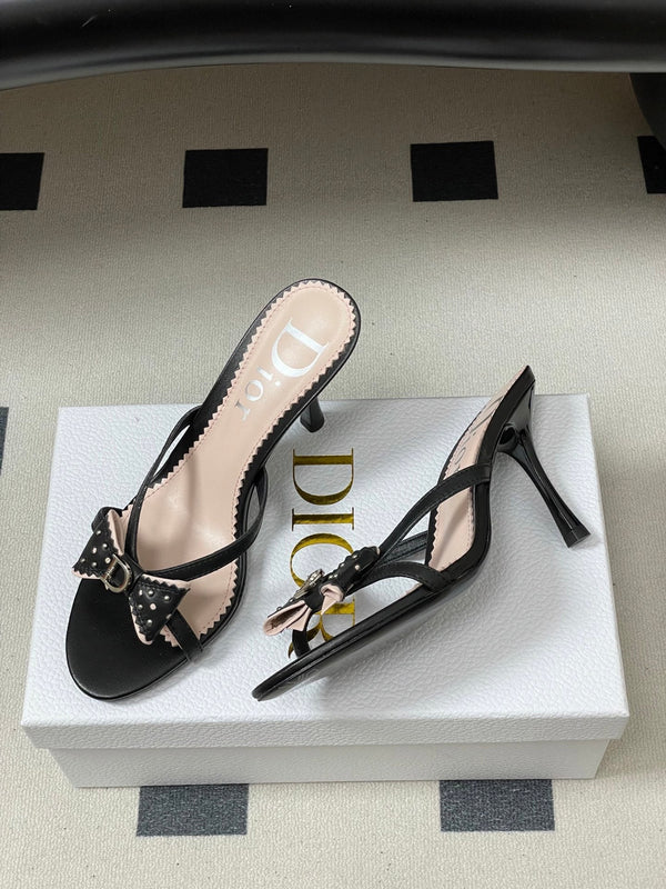 CD 26SS D'Trick Sandale à Talon 10cm Détail Nœud Noir Peau de Mouton 632581