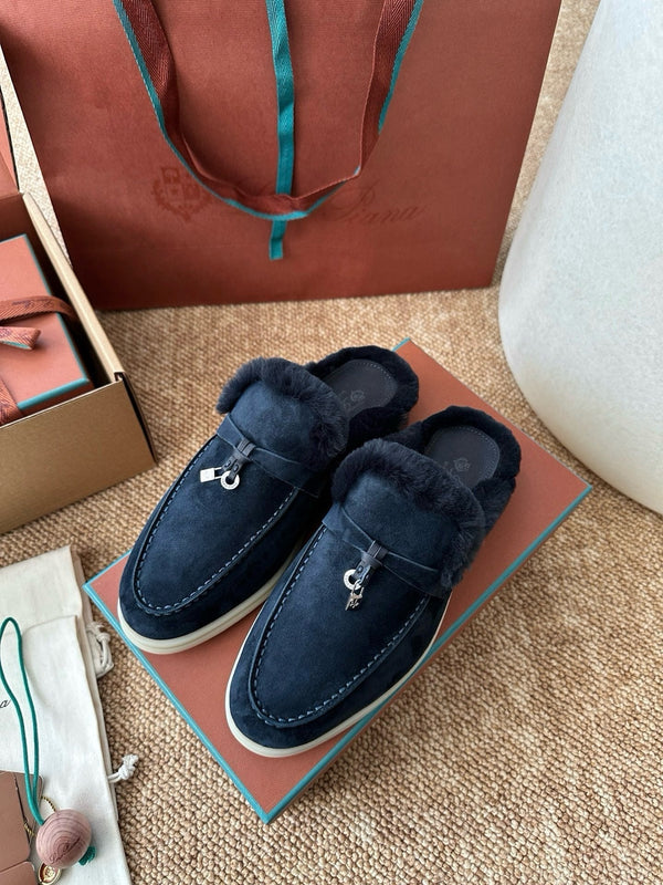 Loro Piana Charms Walk Flat Mules Deep Blue Suede Fur 623535