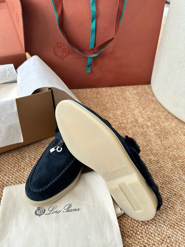 Loro Piana Charms Walk Flat Mules Deep Blue Suede Fur 623535