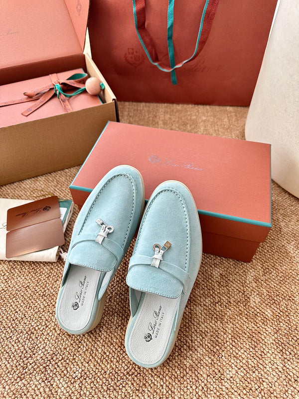 Loro Piana Charms Walk Flat Mules Pale Blue Suede 623551