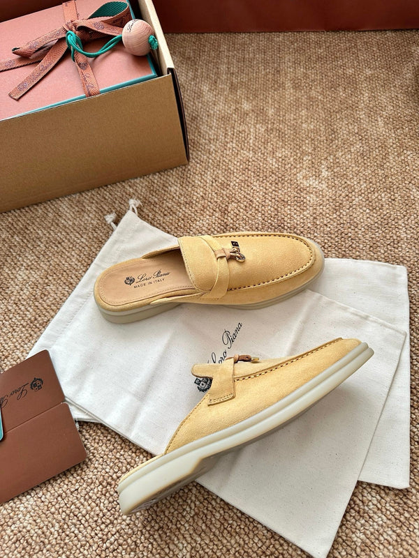 Loro Piana Charms Walk Flat Mules Saffron Tea Suede 623559