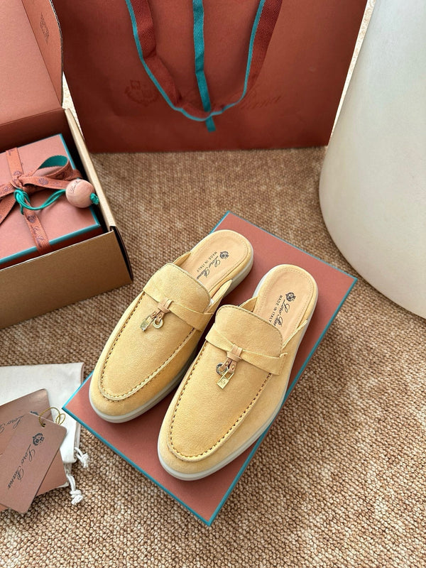 Loro Piana Charms Walk Flat Mules Saffron Tea Suede 623559