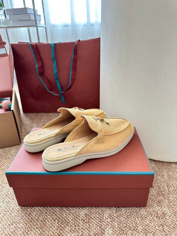 Loro Piana Charms Walk Flat Mules Saffron Tea Suede 623559