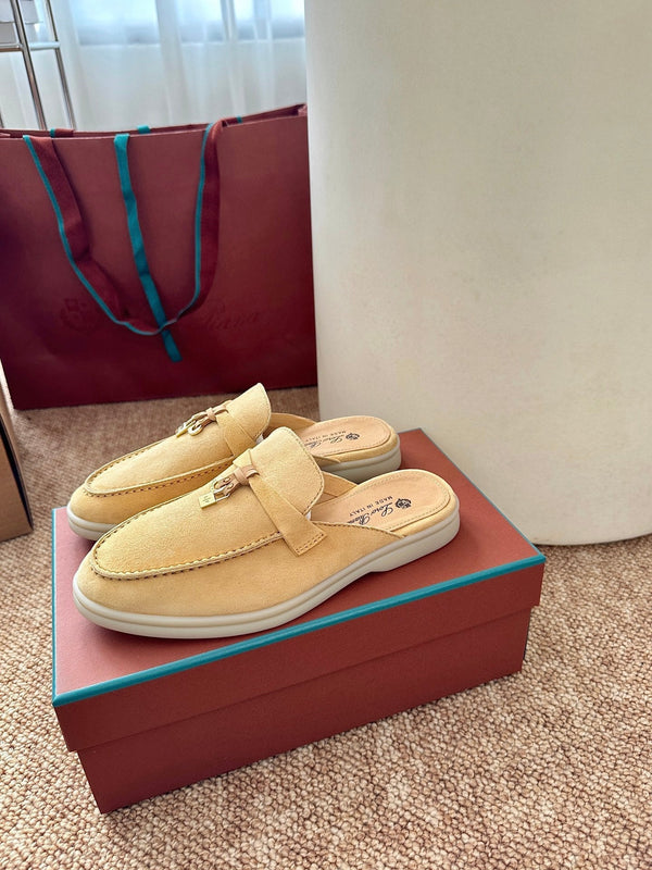 Loro Piana Charms Walk Flat Mules Saffron Tea Suede 623559
