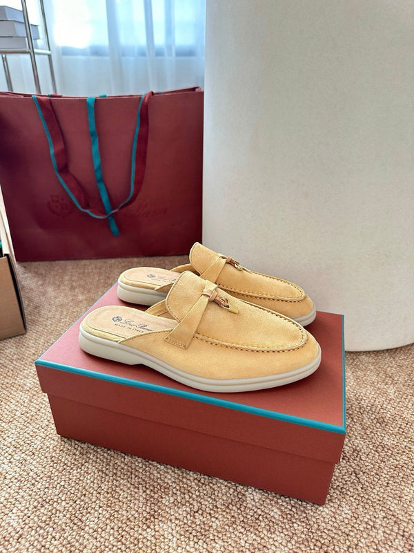 Loro Piana Charms Walk Flat Mules Saffron Tea Suede 623559