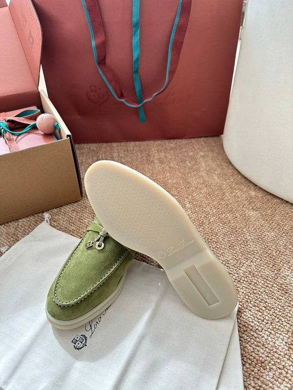 Loro Piana Charms Walk Flat Mules Olive Green Suede 623441