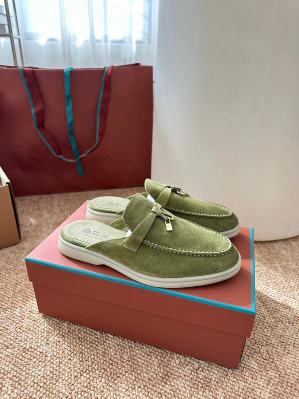 Loro Piana Charms Walk Flat Mules Olive Green Suede 623441